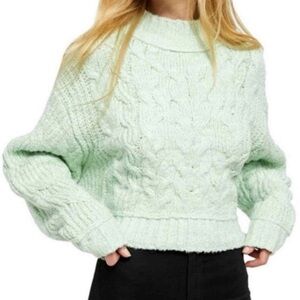 Free People Merry Go Round Mock Neck Cropped Chunky Knit Sweater Mint Green